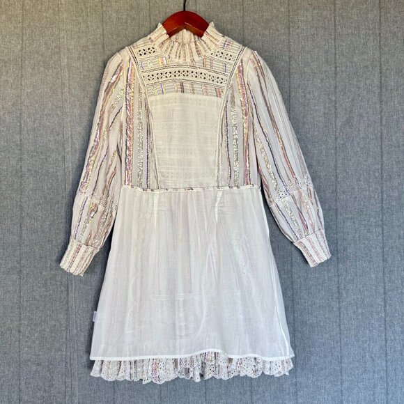 Sea New York Cream Metallic Striped Eyelet Ruffle Long Puff Sleeve Short Dress - Picture 14 of 17